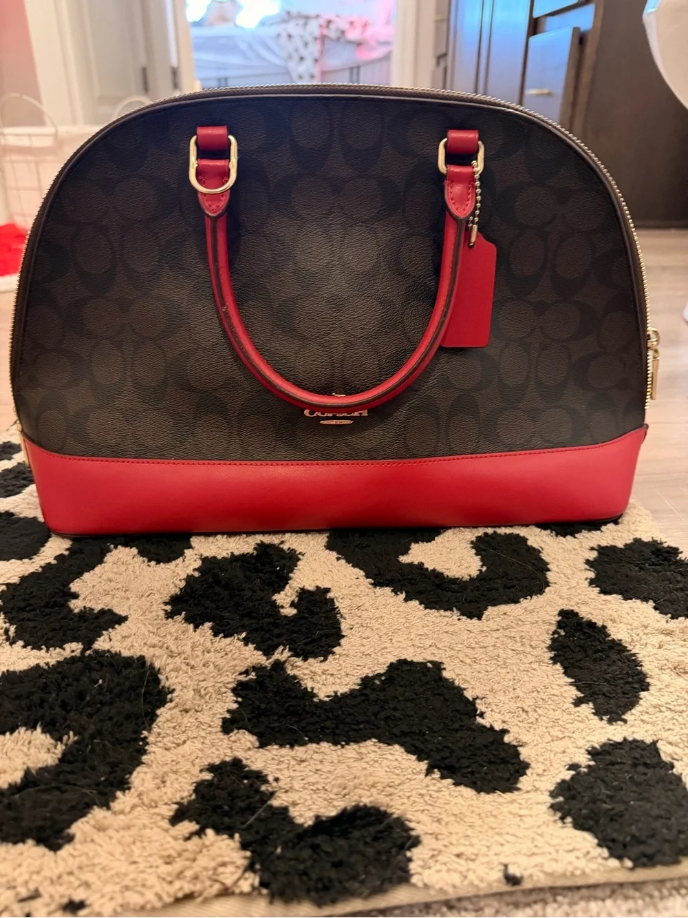 Coach Brown Signature Dome Satchel with Red Trim